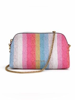 NWOT Nanette Lepore Rainbow Stripe Crossbody Bag Pastel Monogram Gold Chain Y2K